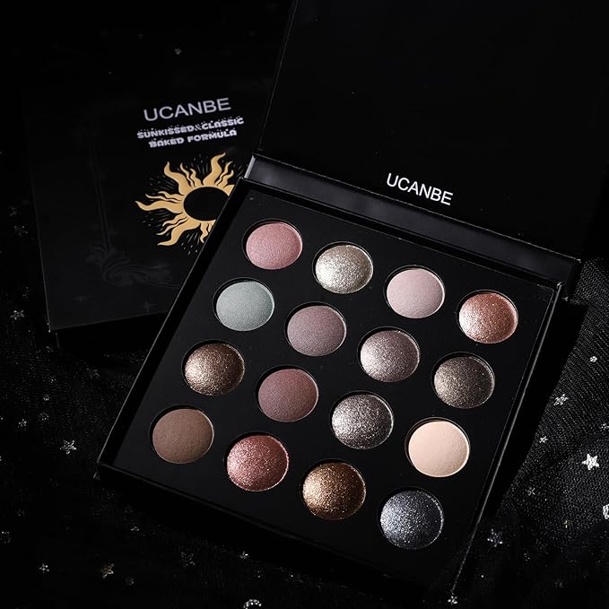 UCANBE Baked Eyeshadow Makeup Palette with Hidden Gems, 16 Colors Nude Eye Shadow with Matte Glitter Metallic Shimmer, Highly Pigmented Long Lasting Make Up Pallet
