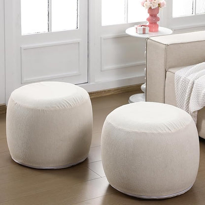 2 Pack Round Inflatable Pouf Ottoman Foot Rest for Couch 20 x 16 Inch Cozy Portable Floor Corduroy Poufs Foot Stool Ottoman with Pump for Living Room Bedroom Chair, Beige