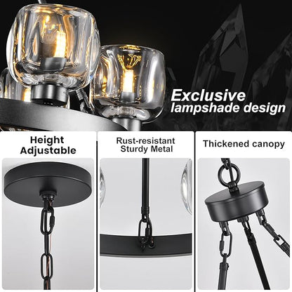 Black Wagon Wheel Chandelier, 24 Inch Black Chandeliers with Unique Glass Shade, 6-Light Crystal Farmhouse Wagon Wheel Chandeliers for Dining Room, Round Chandelier for Living Room, Foyer, Entryway