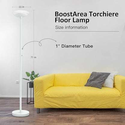 BoostArea Torchiere Floor Lamp, 24W Super Bright LED Standing Lamp, Stepless Dimmable Pole Lamp with 3000K Lighting, Glass Lampshade, 71Inch Tall Metal Modern Floor lamps for Living Room/Bedroom White