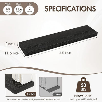 48 Inch Floating Shelves, 12" Deep Floating Shelf Wall Mounted, 48" Wall Shelves, Rustic Deep Bookshelf, Extra Deeper & Thicker Display Shelves for Bedroom, Living Room, Black, Set of 2