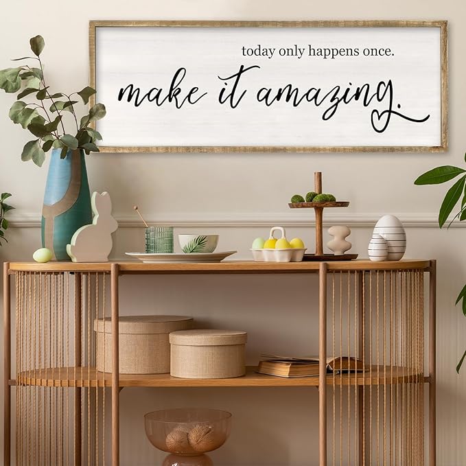 RLWangChao Today Only Happens Once Make It Amazing Wall Art Decor 40x15 Inch Large Inspirational Quote Sign Rustic Living Room Vintage Wood Frame Office Motivational Home Wall Hanging (Wood)