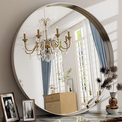 24 Inch Round Bathroom Mirror - Wall Mounted Circle Mirror with Metal Frame, Modern Mirror Suitable for Bathroom, Vanity, Entryway, Living Room, Wall Decor,Silver
