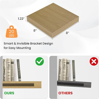Square Floating Shelves for Wall, 8" W x 8" D x 1.2" H, Small Wooden Wall Mounted Display Shelves with Invisible Brackets for Living Room, Bedroom, Bathroom, Kitchen Decor, Set of 4, Oak