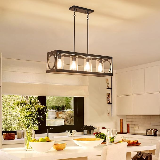 XINGQI Black Kitchen Island Light Fixtures Over Table, 31.5" Rectangular Linear Chandeliers Farmhouse Dining Room Pendant Ceiling 4-Light with Glass Lampshade for Living Room Bar Office