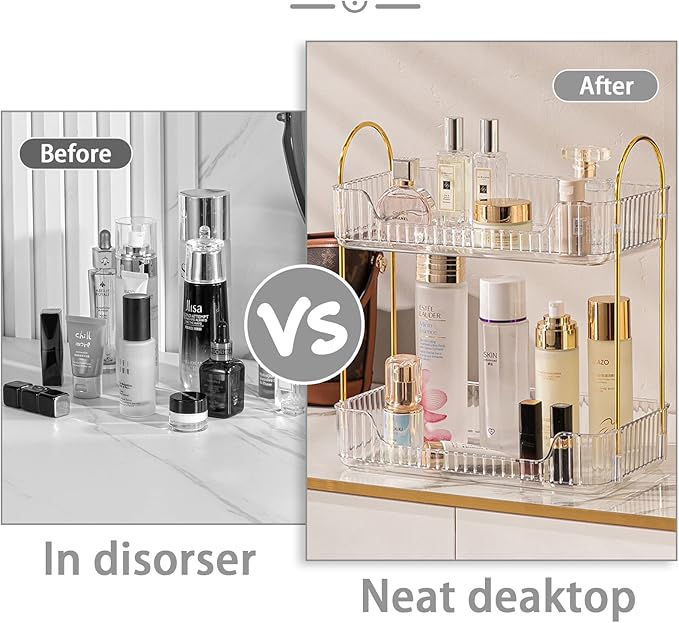 2 Tier Clear Countertop Storage - Bathroom & Kitchen Organizer, Cosmetics & Makeup Shelf, Spice Rack