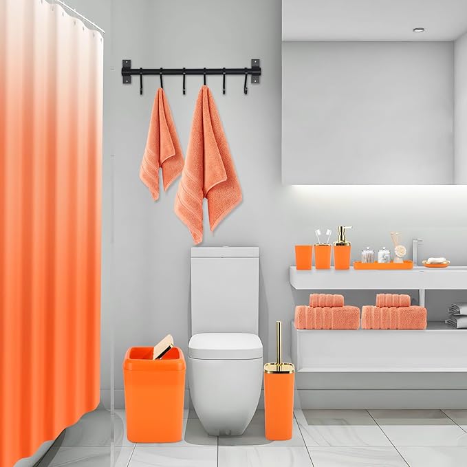 Orange Bathroom Accessories, 24 Pieces Orange and Gold Bathroom Accessories Set with Shower Curtain, Bath Towels, Trash Can, Soap Dispenser and Soap Dish for Bathroom/Housewarming