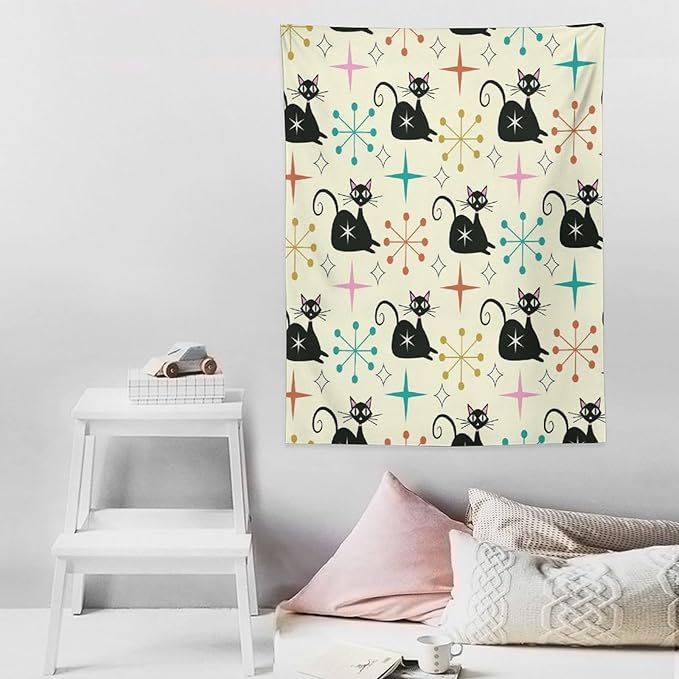 ICMOLYYENLO Abstract Cat Tapestry, Medieval Abstract Atomic Star Cat Vintage Home Wall Hanging Art Tapestry for Bedroom Living Room Dormitory 30x40 Inch