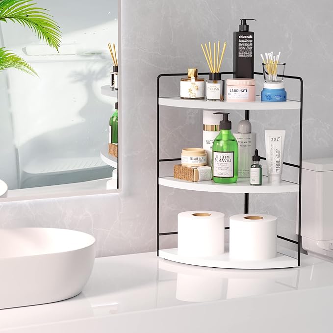 ZGO 3-Tier Bathroom Organizer Countertop, Corner Bathroom Counter Organizer, Makeup Organizer for Vanity Skincare Organizers and Storage, Kitchen Counter Shelf Organizer Perfume Organizer(White)