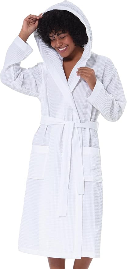 Women’s Luxury Waffle Shawl Collar, Hooded Robe w Piping – Lightweight, Long, Ultra Soft Spa Sleepwear Bathrobe