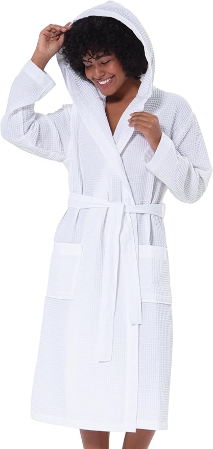Women’s Luxury Waffle Shawl Collar, Hooded Robe w Piping – Lightweight, Long, Ultra Soft Spa Sleepwear Bathrobe
