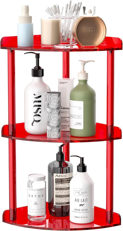 3 Tier Countertop Corner Organizer Shelf 7x7x15.7 Inch, Red Countertop Acrylic Bathroom Corner Shelf, Vanity Storage Organizer for Cosmetics, Toiletries