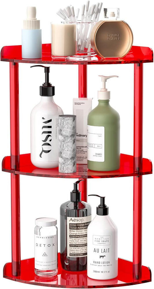 3 Tier Countertop Corner Organizer Shelf 7x7x15.7 Inch, Red Countertop Acrylic Bathroom Corner Shelf, Vanity Storage Organizer for Cosmetics, Toiletries