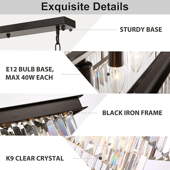 Rectangle Crystal Chandelier Black Modern Linear Chandelier Contemporary Pendant Light Fixture 8-Light Hanging Ceiling Light for Dining Room Living Room Kitchen Bedroom Foyer 47''