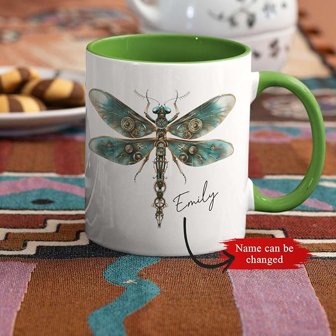 Personalized Steampunk Dragonfly Mug, Customized Name Coffee Cup 11oz, Custom Unique Dragonfly Ceramic Cup, Dragonfly Lovers White Cup, Steampunk Themed Decorative Mug, Kid Cup