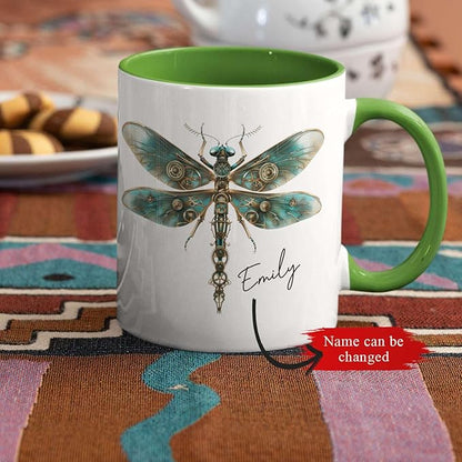 Personalized Steampunk Dragonfly Mug, Customized Name Coffee Cup 11oz, Custom Unique Dragonfly Ceramic Cup, Dragonfly Lovers White Cup, Steampunk Themed Decorative Mug, Kid Cup