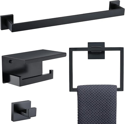 Bathroom Towel Bar Holder Sets Matte Black 4-Piece Bathroom Hardware Set Stainless Steel Bath Accessories Kit. Wall Mounted,23.6 Inch
