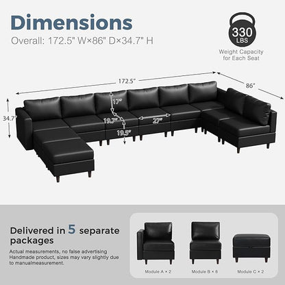 Oversized 172.5" Faux Leather Modular Sectional Sofa, Modern Large 10 Seater U Shaped Couch with Storage Seat with Reversible Chaise Deep Seat for Living Room DIY Combination - Black