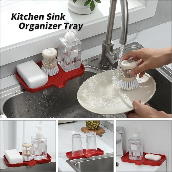 Silicone Bathroom Soap Dishes with Drain Spout-Bathroom and Kitchen Sink Organizer,Sponge Holder,Dish Soap Tray,Perfect for Dispenser,Scrubber,Bottle,Cup on Sink or Counter-Red 9.6"×5.3"