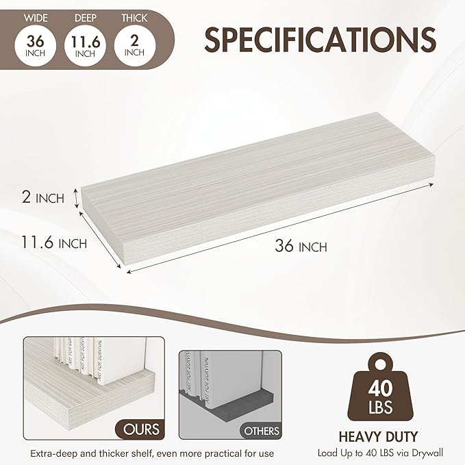 36 Inch Floating Shelves, 12" Deep Floating Shelf Wall Mounted, 36" Wall Shelves, Rustic Deep Bookshelf, Extra Deeper & Thicker Display Shelves for Bedroom, Living Room, Gray, Set of 2