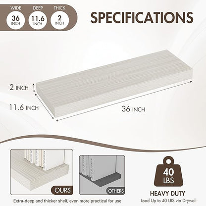 36 Inch Floating Shelves, 12" Deep Floating Shelf Wall Mounted, 36" Wall Shelves, Rustic Deep Bookshelf, Extra Deeper & Thicker Display Shelves for Bedroom, Living Room, Gray, Set of 2