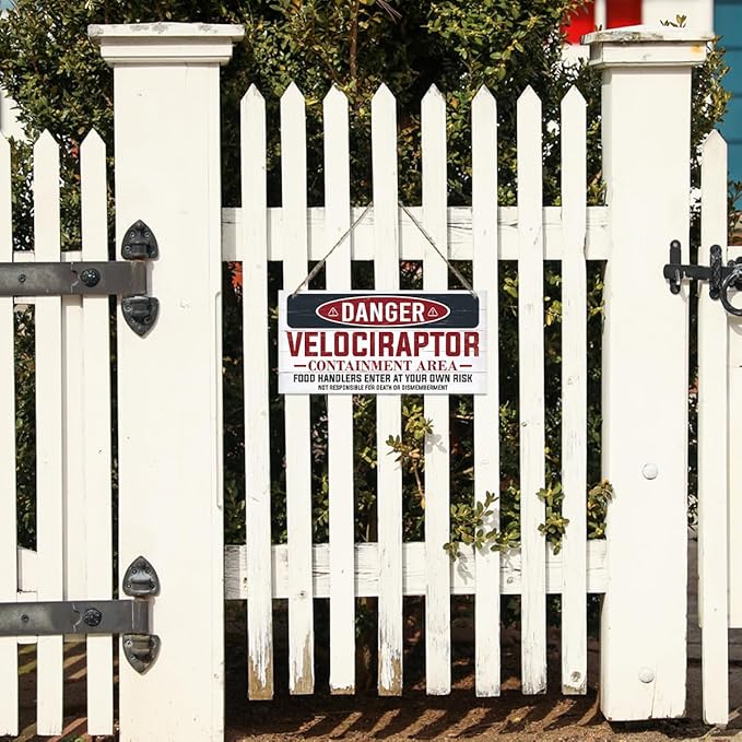 Warning Velociraptor Containment Area Sign, Danger Dinosaur Park Decor, Decorative Hanging Wood Plaque, Farmhouse Indoor Outdoor Decor, Door Gate Hanger, Novelty Sign