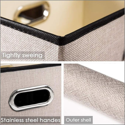 PRANDOM Foldable Storage Bin with Lid [5-Pack] Linen Fabric Decorative Storage Box Organizer Container Basket Cube with Handles Divider for Closet Office Living Room Light Grey(14.9x9.8x9.8)