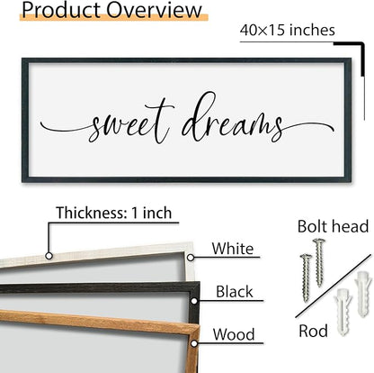 SRSZHIYUE Sweet Dreams Above Bed Wall Decor, 40"x15" Large Rustic Master Bedroom Over Bed Sign Guest Room Couples Wood Framed Farmhouse Horizontal Hanging Decoration (Black)