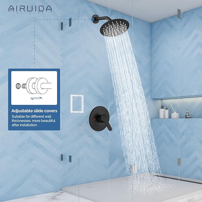 Airuida Shower Faucet Set,Single Function Shower Trim Kit,Wall Mount 6 Inch Round Rainfall Shower Head and Handle Set,Single Handle Shower System Set Male Threads Rough-in Valve Matte Black