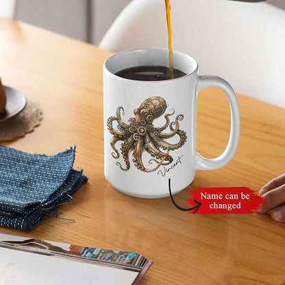 Personalized Unique Name Ceramic Mug 11oz, Customized Steampunk Octopus Mug With Mechanical Themed, Gear-Filled Octopus White Coffee Mug, Gift For Friends, Coworkers, Kids Mug