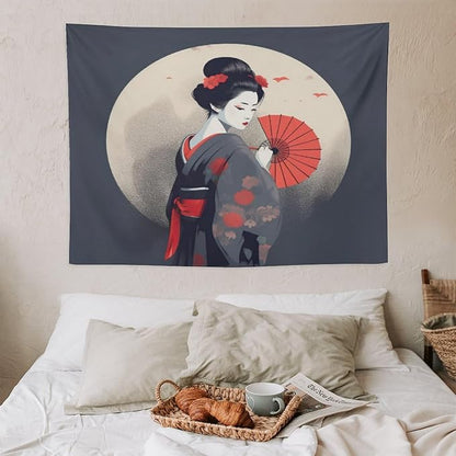 Japanese Woman Geisha Tapestry Asian Red Cherry Blossom Red Sun Traditional Kimono Folk Tapestries Home Decor for Living Room Bedroom Apartment Farmhouse Dorm 40"x30"