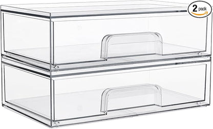 Vtopmart 12.1''W Clear Stackable Storage Drawers,2 Pack Acrylic Plastic Organizers Bins for Makeup Palettes, Cosmetics, and Beauty Supplies,Ideal for Vanity, Bathroom,Cabinet,Desk Organization