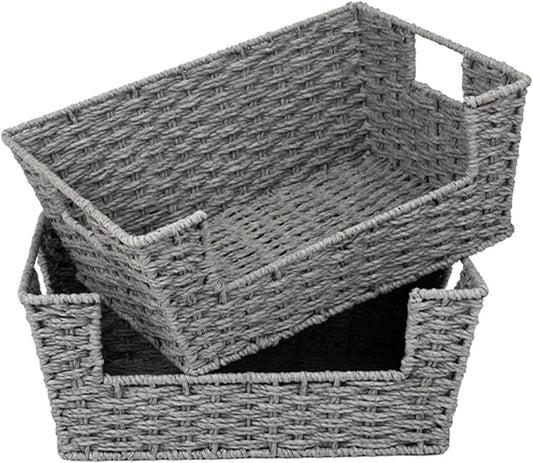 StorageWorks Round Paper Rope Woven Basket for Pantry Organizers and Storage, Stackable Wicker Pantry Baskets for Shelves, Grey, 2-Pack