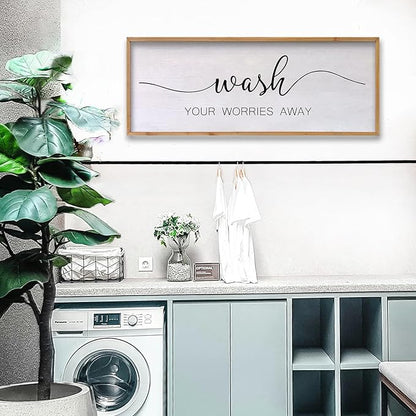 Wash Your Worries Away Bathroom Wall Art 24×10 Inch Wood Framed Decor Funny for Laundry Room Restroom Modern Rustic Inspirational Sign (Wood)