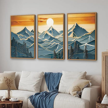 Tinonedraw Vintage Mountain Framed Canvas Wall Art Set of 3, Boho Nature Wilderness Art Prints, Mid Century Modern Ridge Scenery Wall Decor, Sunrise Forest Woodcut Style Art Paintings for Living Room Bedroom, Office 16"x24"