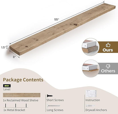 Solid Wood Floating Shelves, 8" Deep Rustic Reclaimed Barnwood Wall Hanging Floating Shelf with Invisible Heavy-Duty Metal Bracket | Wall Mounted | Farmhouse Style | 55 inches,1PC,Natural