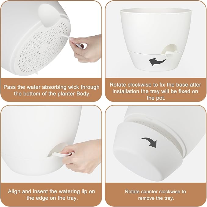 Plant Pots 10/9/8/7.5/7 Inch Self Watering Pots, Set of 5 Plastic Planters with Drainage Holes and Saucers,Plastic Flower Pots,Nursery Planting Pot for Indoor Out Door Plants(Pure White)