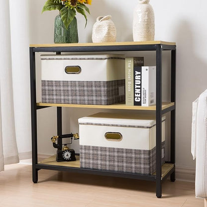 PRANDOM Large Collapsible Storage Bins with Lids [3-Pack] Fabric Foldable Storage Boxes Organizer Containers Baskets Cube with Cover for Home Bedroom Closet Office Gray plaid & Cream(17.7x11.8x11.8)