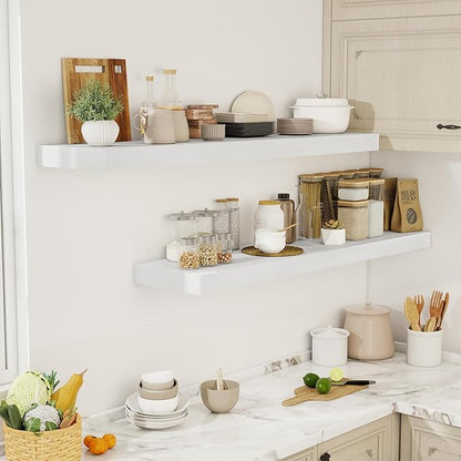 55 Inch Floating Shelves, 12" Deep Floating Shelf Wall Mounted, 55" Wall Shelves, Rustic Deep Bookshelf, Extra Deeper & Thicker Display Shelves for Bedroom, Living Room, White, Set of 2