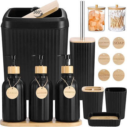 Black Bathroom Accessories Set 17PCS Bathroom Set with 3PCS Soap Dispenser Bathroom Accessory Set Black Trash Can for Bathroom Decor