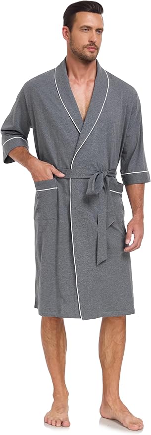 COLORFULLEAF Men's Bathrobes 100% Cotton Soft Comfort Breathable Short Sleeve Summer Kimono Mens Lightweight Robe