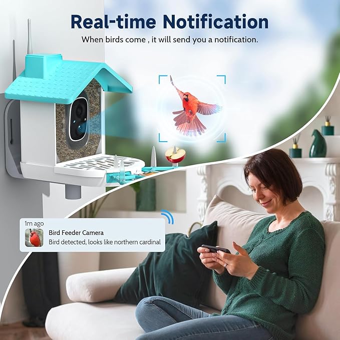 Smart Bird Feeder with Camera, 2K HD Bird Feeders for Outdoors with Solar Panel, Al Identification, Idea Gift, Blue