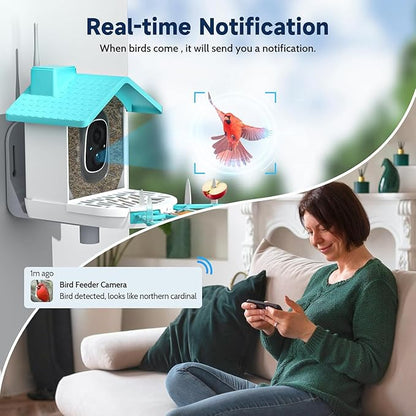 Smart Bird Feeder with Camera, 2K HD Bird Feeders for Outdoors with Solar Panel, Al Identification, Idea Gift, Blue