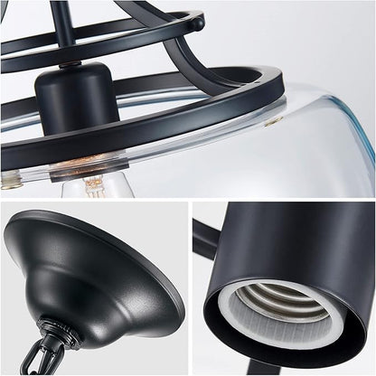 WUZUPS Chandelier Rustic Farmhouse Industrial Round Ceiling Pendant LED Light Fixture with Clear Glass Shades for Dining Room Kitchen Island Foyer Entryway, H 17" x W 13.4", E26 Base, Black