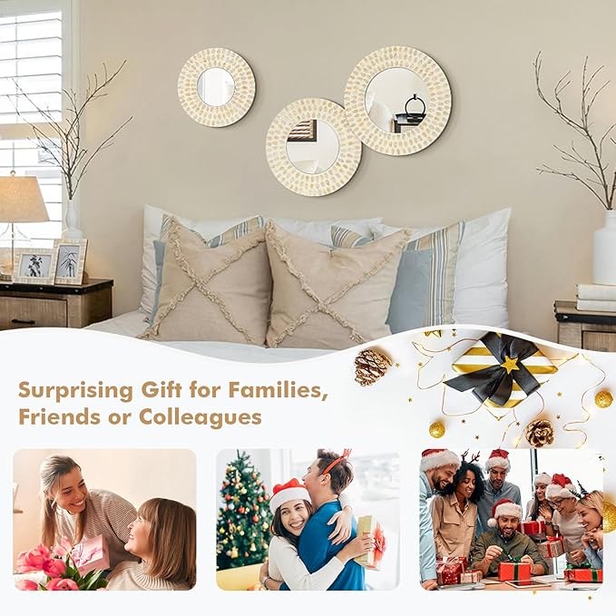 Boho Mirror Wall Decor for Living Room, 3PCS Natural Mother of Pearl Decorative Mirror for Farmhouse Rustic Home, Hanging Sculptures for Women Bedroom Hallway Porch Decoration (Light Brown)