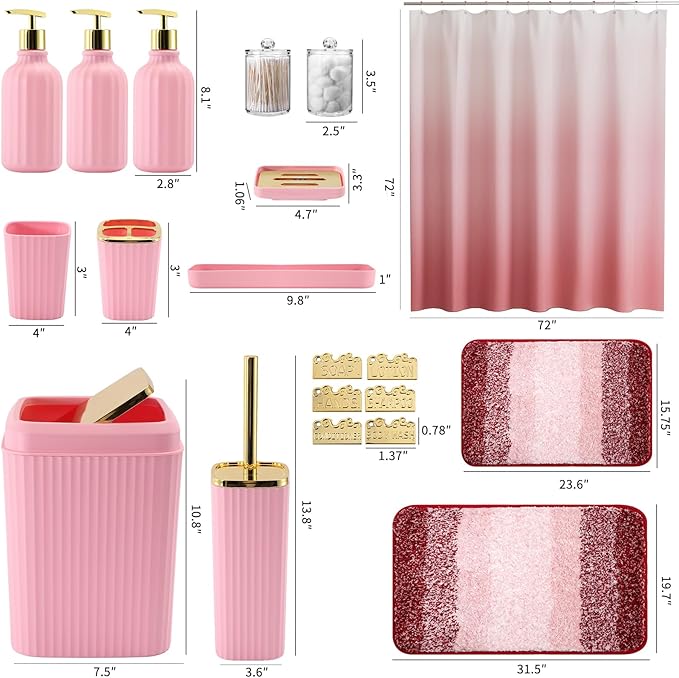 32PCS Bathroom Set Bathroom Sets with Shower Curtain and Rugs Pink Bathroom Accessories,Shower Curtain Set,Bathroom Rug Set with Bathroom Trash Can