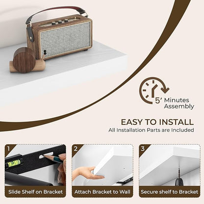 RICHFOCUS 72Inch Floating Shelves for Wall 2 Pack Shelves for Bedroom|Kitchen|Bathroom Wall Mounted Rustic Wood Floating Shelf with Invisible Brackets for Books|Storage|Decor, White