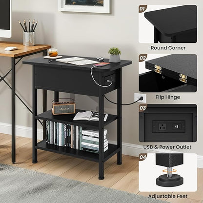 End Table with Charging Station, Flip Top Side Table with USB Ports and Outlets, 3-Tier Small Side Table with Storage for Small Space, End Tables for Living Room/Bedroom, Black
