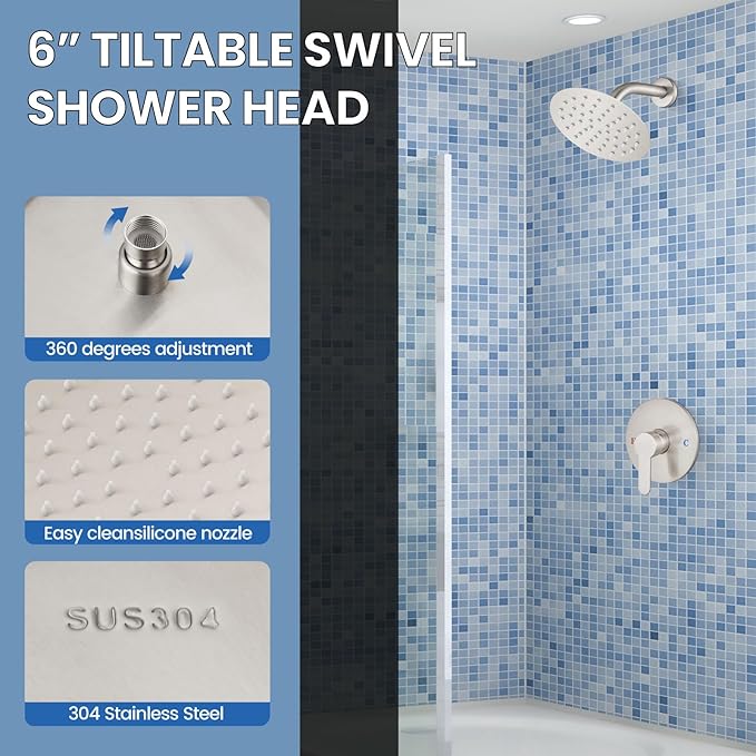 Airuida Shower Faucet Set,Single Function Shower Trim Kit,Wall Mount 6 Inch Round Rainfall Shower Head and Handle Set,Single Handle Shower System Set Male Threads Rough-in Valve Brushed Nickel