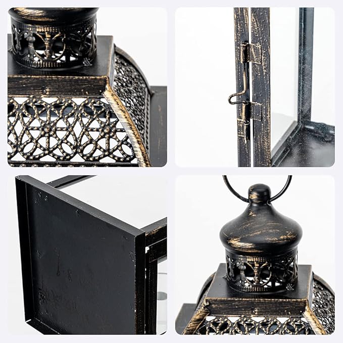 DECORKEY Lanterns Decorative Indoor&Outdoor, 14.4'' Large Black Square Hanging Lanterns, Vintage Metal Candle Holder for Outdoor Patio Front Door Porch Wedding Party Decor